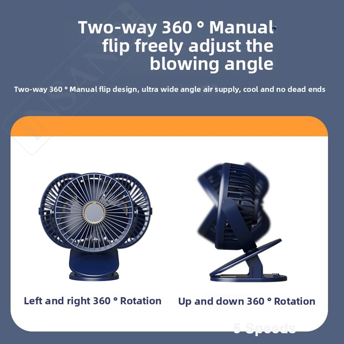 Clip Fan 125mm Brushless Ventilation Fan 5-Speed USB 5V Built-in 1200mAh Battery with Light 3D Swivel (White/Blue)