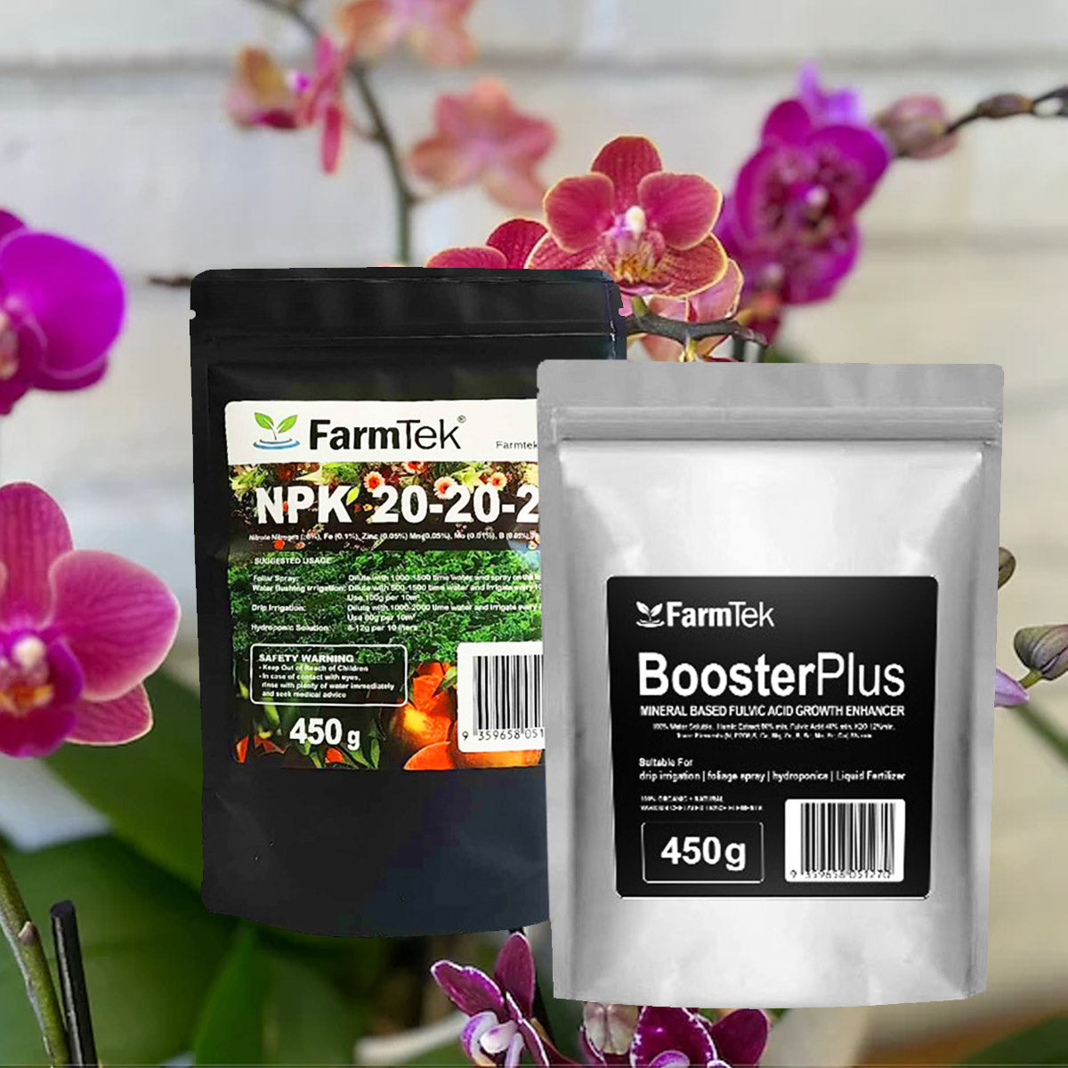 Farmtek Complete Orchid Nutrition Pack NPK 20-20-20 + BoosterPlus Fulvic Acid, Growth Yield & Soil Health Enhancer